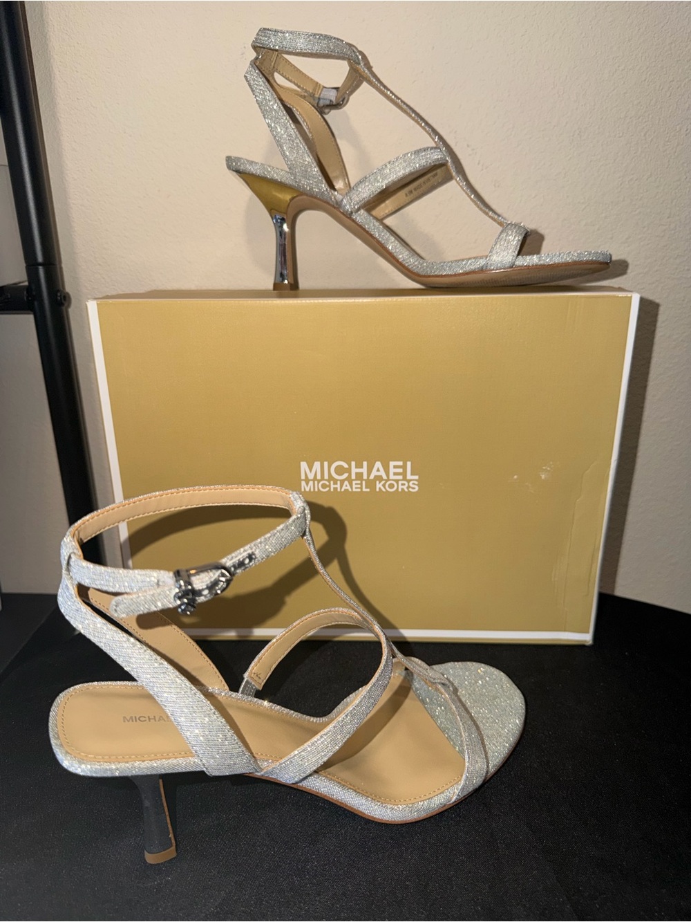Michael Kors Silver Glitter T-Strap Heels